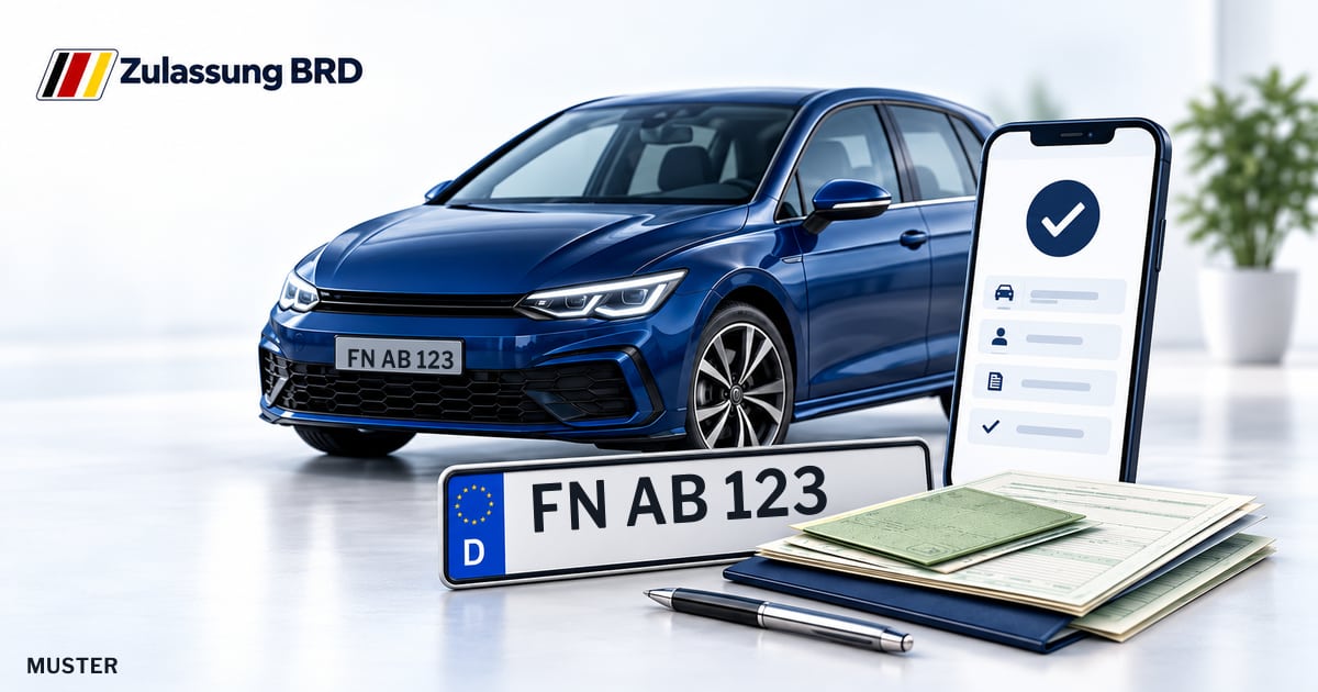 Online Fahrzeugzulassung in Meckenbeuren: Musterkennzeichen FN AB 123, Auto und Fahrzeugpapiere und Smartphone. Illustration mit Logo von Zulassung BRD.